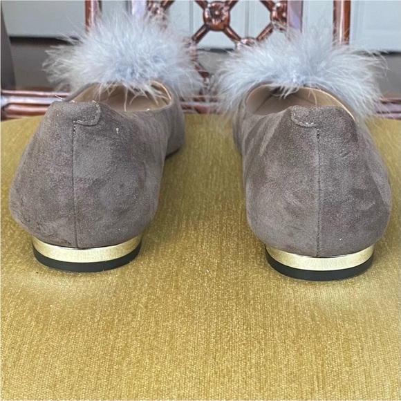 Marc Fisher Synal Grey Suede Pointed Toe Flats with Marabou Feathers Pom-Poms - Picture 9 of 13